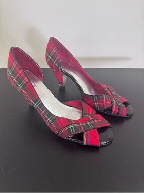 Seychelles Red Tartan Plaid Peep-Toe Heels